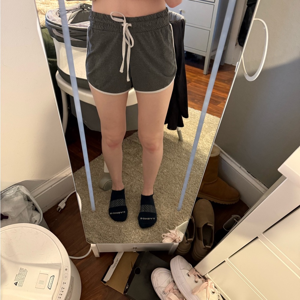 No Boundaries Dark Gray Athletic Drawstring Shorts with White Trim